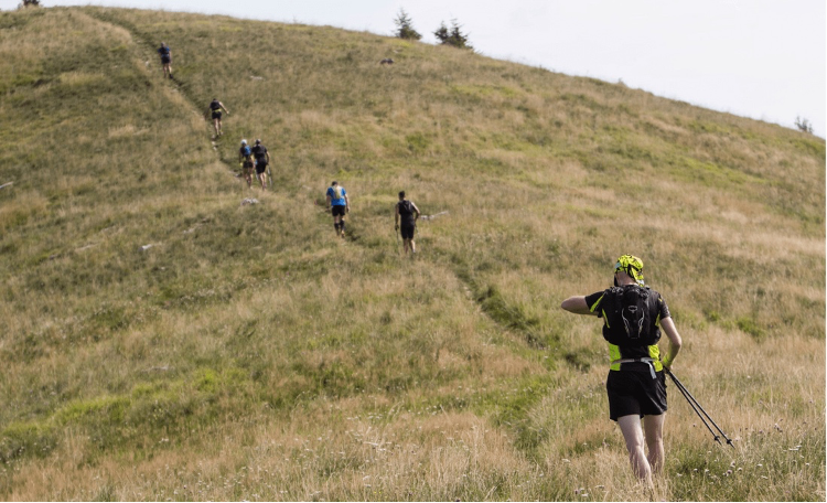 Trail runners climb a mountain slope during the Grand Raid of the Treviso Alps 