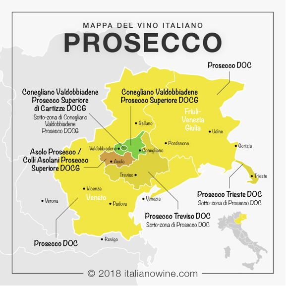 Geographic map of Italian sparkling wine prosecco, Grand Raid of the Treviso Alps 