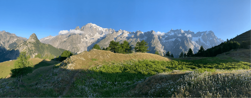 View of Mont Blanc from Rifugio Bertone at the TRM Trail Running Camp Mont Blanc