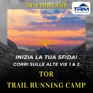 TOR Trail Running Camp sul percorso della famose Tor des Geants locandina in italiano con paesaggio al tramonto sul percorso di gara